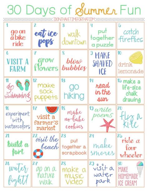 30 Days Of Summer Fun Challenge Free Printable I Dont Have Time