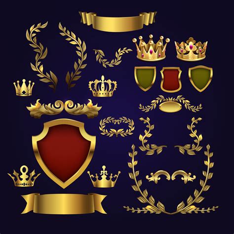 Golden Vector Heraldic Elements Kings Crowns Laurel Wreath And Royal