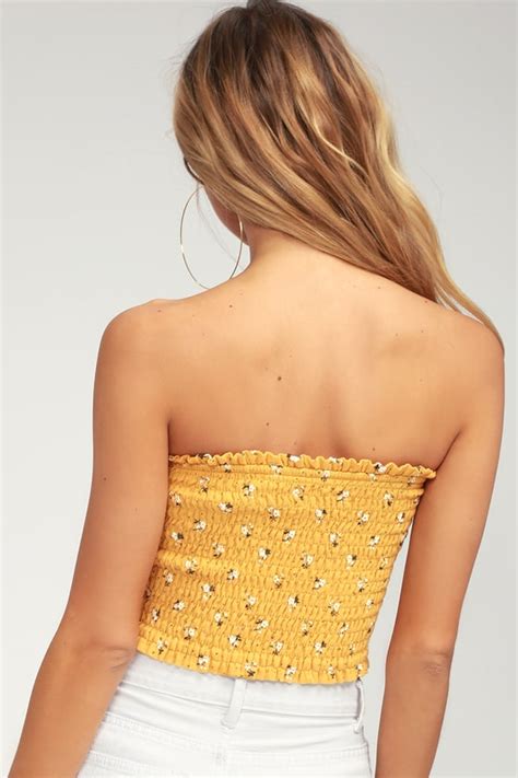 Cute Yellow Crop Top Smocked Top Floral Print Top