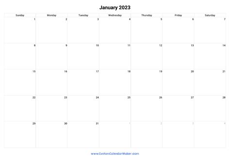 January 2023 Calendar Landscape With Large Boxes