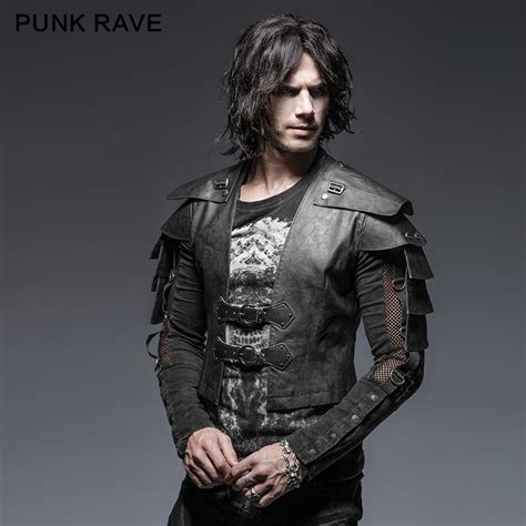 Punk Rave 2017 Black Military Uniform Warrior Man Short Leather Jackets