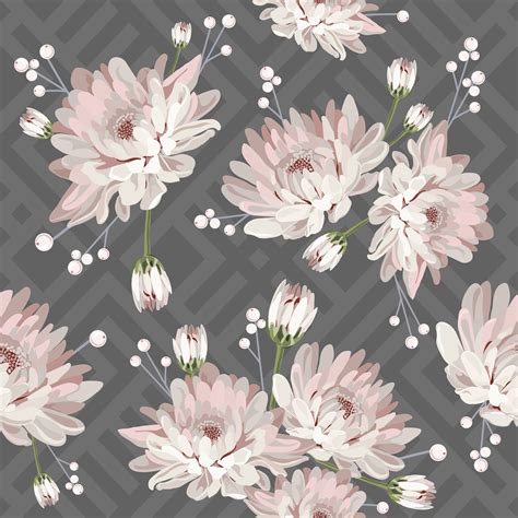 Floral Seamless Pattern With Chrysanthemums On Grey Geometric