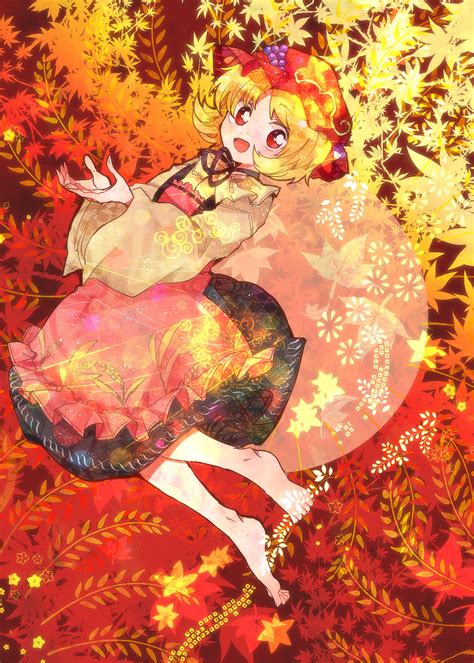 Safebooru 1girl Aki Minoriko Apron Autumn Leaves Barefoot Black Skirt Blonde Hair Eyebrows