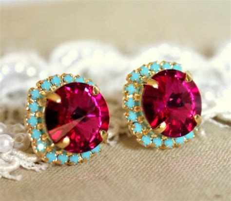 Pink Turquoise Fuchsia Stud Earrings Rhinestones Crystal Studs Plated