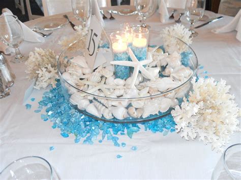 Beach Centerpieces And Wedding Reception Decor With Seashell Candles And Aqua Jewels Beach