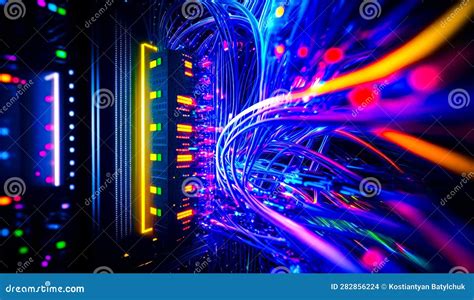 Computer Server With Neon Lights And Wires In Front Of Black Background