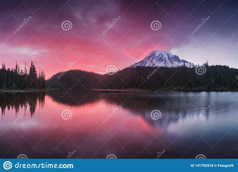 Scenic View Of Mount Rainier Reflected Across The Reflection Lakes