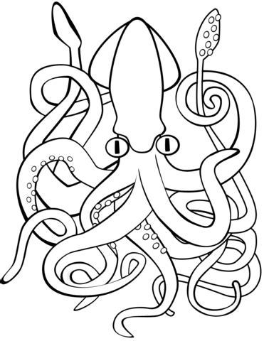 Taucher finden einen riesenkalmar am strand. Squid coloring page | Free Printable Coloring Pages