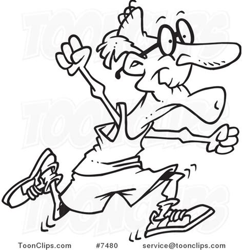 Cartoon Black And White Line Drawing Of A Fit Senior Guy Running 7480