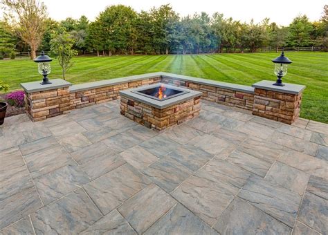 Ep Henry Pavers In Chiseled Stone Patio With Custom Square Fire Pit And Sitting Wall In Cast