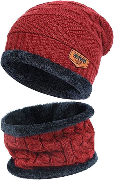 Mens Womens Winter Beanie Hat Scarf Set Warm Knit Hat Thick Fleece