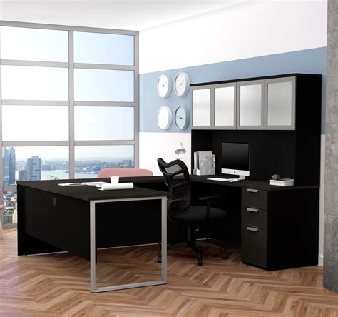 Modern U Shaped Desk With Hutch In Deep Gray And Black