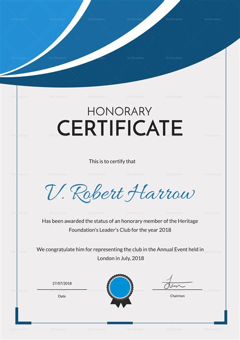Certificate Of Honorary Participation Design Template In Psd Word