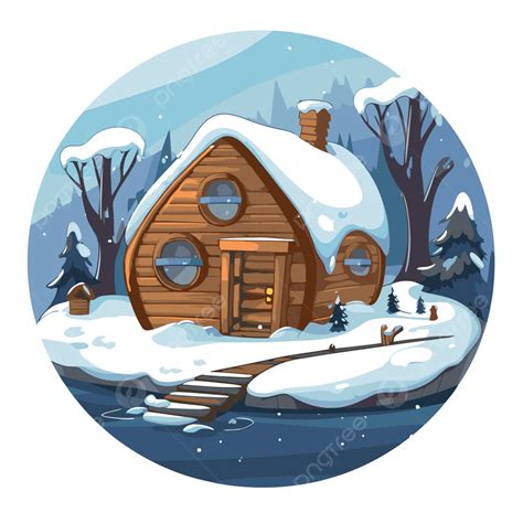 Winter Theme Vector Sticker Clipart Snowy Cabin In The Winter Cartoon