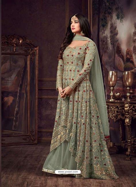 Olive Green Net Heavy Embroidered Floor Length Anarkali Suit Long Choli