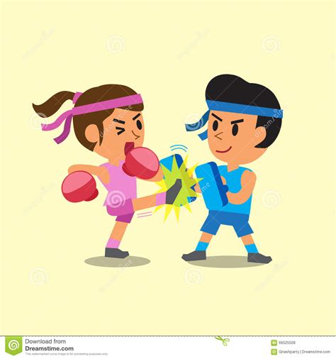 Cartoon Sport Woman And Man Doing Kickboxing Training Stock Vector