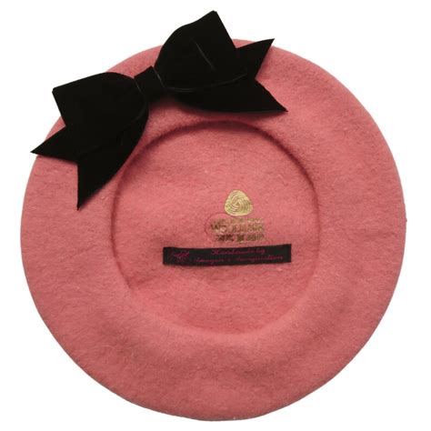 Coral Pink Wool Felt Beret Hat With Pink Velvet Ribbon Bow Etsy