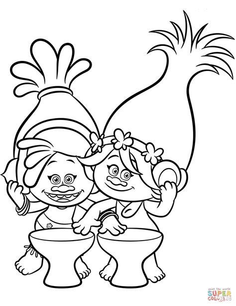 Branch is poppy's polar opposite. Dj Suki & Poppy from Trolls coloring page | Free Printable ...