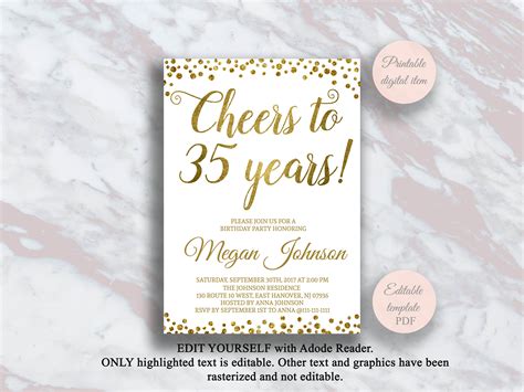 Editable 35th Birthday Invitation Cheers To 35 Years Gold Etsy