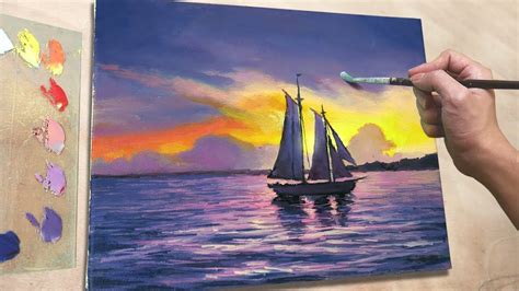 Acrylic Painting Sailboat On Sunset Seascape Youtube