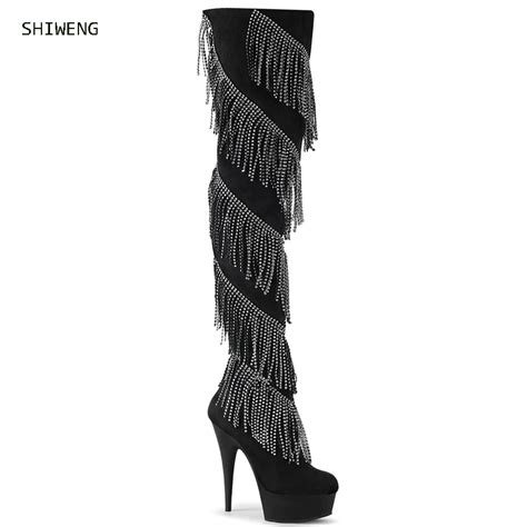 high heeled shoes platform crystal tassel over the knee boots pointed toe boots ladies sexy