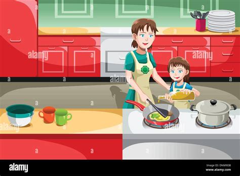 a vector illustration of mother and her daughter cooking in the kitchen stock vector image and art