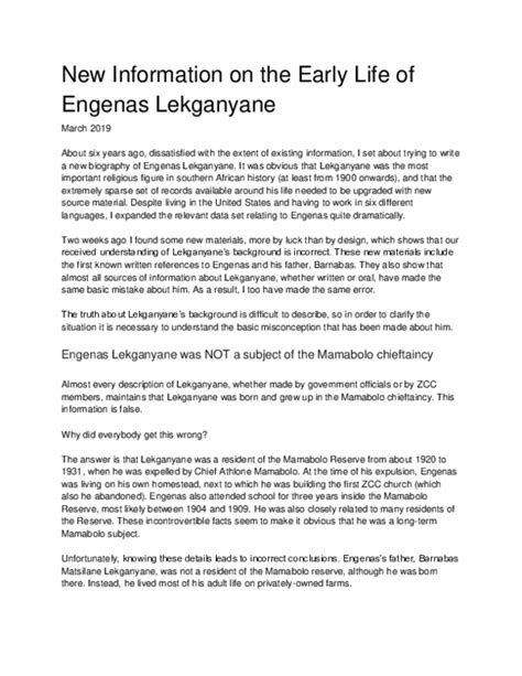 Doc New Information On The Early Life Of Engenas Lekganyane Barry