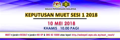 Program matrikulasi kementerian pendidikan malaysia merupakan program persediaan bagi pelajar bumiputera lulusan sijil pelajaran malaysia untuk melayakkan mereka mengikuti kursus peringkat ijazah dalam bidang sains, teknologi dan sastera ikhtisas di universiti awam. Tarikh Semakan Keputusan MUET Sesi 1 2018