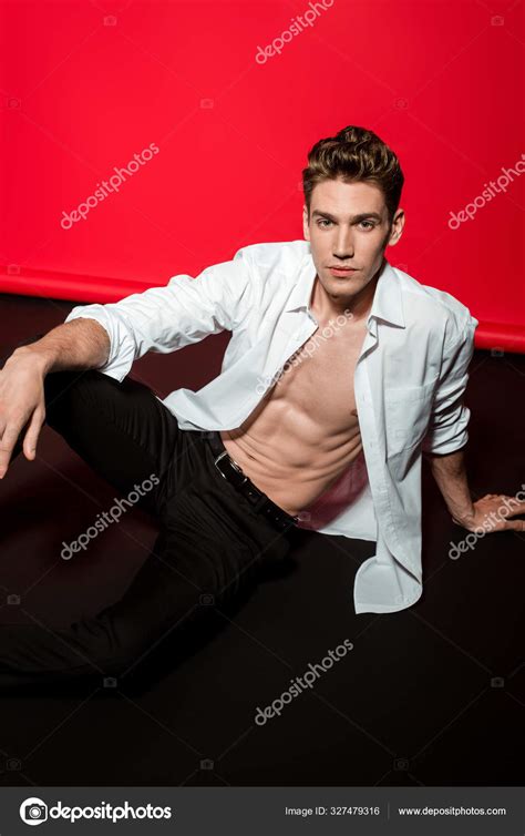 Sexy Young Elegant Man Unbuttoned Shirt Muscular Bare Torso Sitting