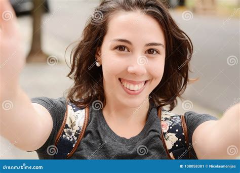 Young Latin Woman Taking A Selfie In A Park Stock Image Image Of Girl Cute 108058381