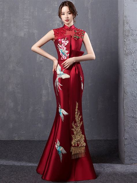 Wine Red Embroidered Fishtail Qipao Cheongsam Evening Dress Cozyladywear