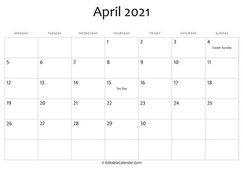 Download April 2021 Printable Calendar Holidays Pdf Version