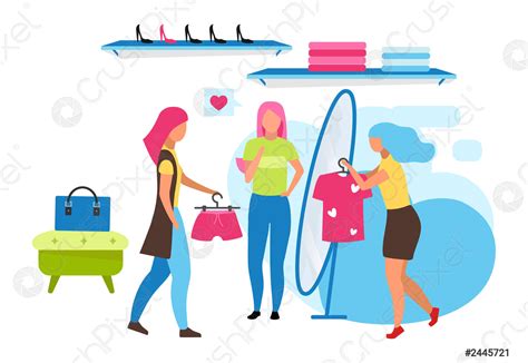Clothing Boutique Assistant Flat Vector Illustration Choosing Outfit At Mall Stock Vector