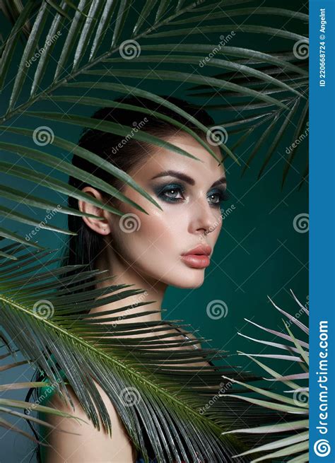Tropical Portrait Woman In Leaves Palm Tree Bright Green Makeup