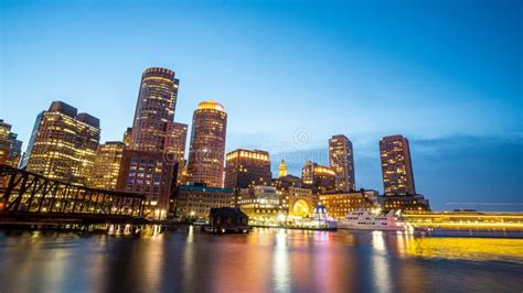 Nice View Of Boston Skyline From Harbour At Fan Pier Park In Boston
