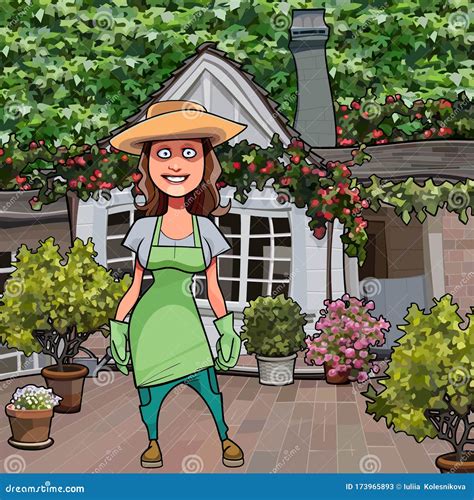 Cartoon Joyful Woman Gardener Standing In The Yard Of The House Stock