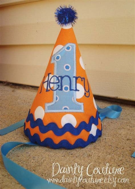 Boys First Birthday Party Hat Fun Orange And Blue Dots