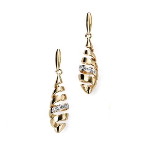 Elements 9ct Yellow Gold Spiral Drop Earrings With Diamonds GE2018