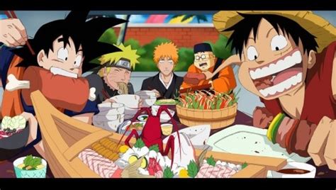 Goku Luffy Naruto And Poor Ichigo Eating Together Anime Wallpaper