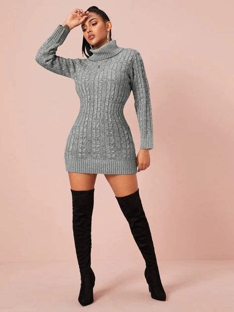Turtleneck Cable Knit Bodycon Sweater Dress Shein Usa Sweater Dress