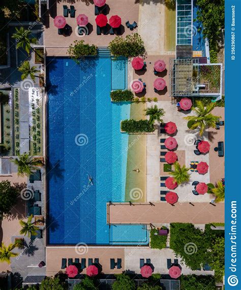 Aerial View From Above At Pool Tropical Swimming Pool From Above With