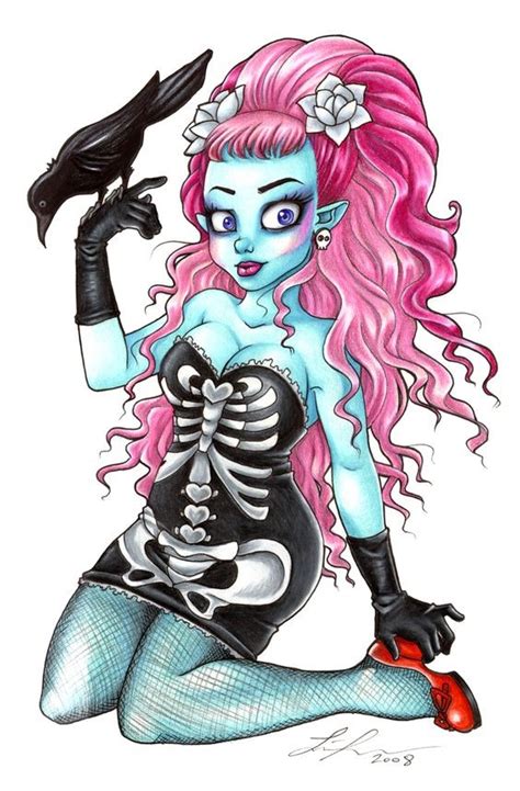 Pink Haired Zombie Girl In Skeleton Printed Dress Keeping A Raven