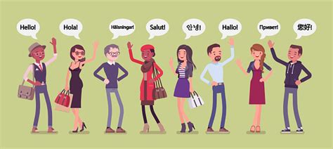 Hello Greeting In Different Languages And Group Of Diverse People Stock