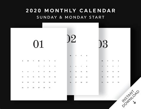 2020 Minimal Monthly Calendar Printable Monthly Planner Desk Etsy