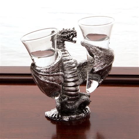 dragon rhyton holding 2 horn shaped shot glasses museum replicas