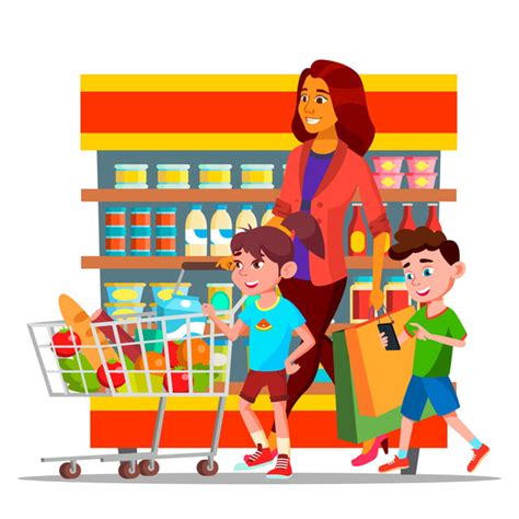 Gambar Ibu Dengan Anak Anak Berbelanja Dalam Karakter Vektor