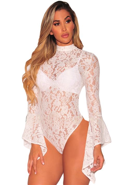 Wholesale Bodysuits Cheap White Sheer Floral Lace Long Bell Sleeve