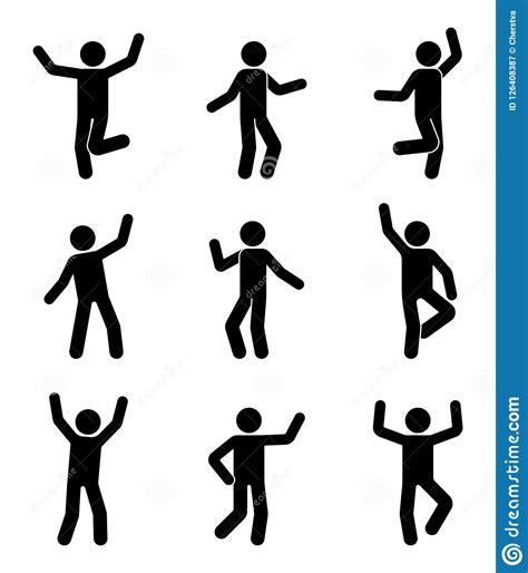 Happy People Stick Figure Icon Set Man In Different Poses Celebrating