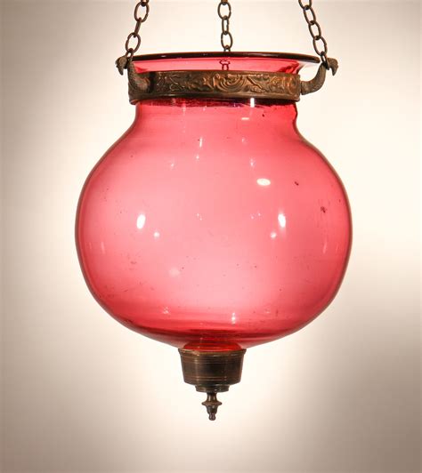 Antique Belgian Cranberry Glass Globe Bell Jar Lantern Pendant Light