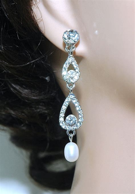 Wedding Dangle Crystal Pearl Earrings Bridesmaids Rhinestone Earrings